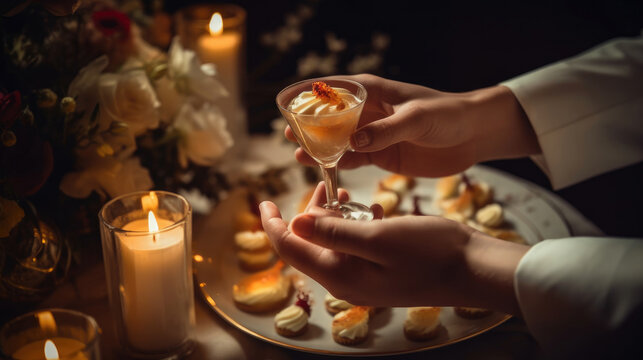 Catering service. Hands of the waiter serving a delicious dessert.