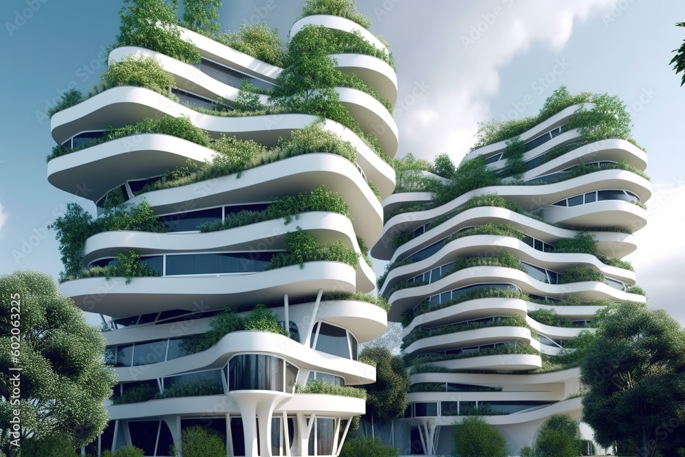 Poster an extremely tall structure that has a number of plants growing on it. Generative AI