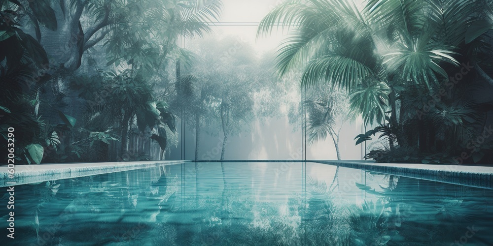Poster a tropical environment with a swimming pool encircled by palm trees generative ai
