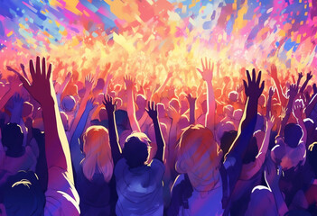 Excited Crowd Party at Music Concert, Dancing to EDM, Rock and Club Beats - Cartoon Painting Illustration, generative Ai