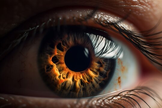 A macro photograph of a human eye, with the iris and pupil in sharp focus and the surrounding area blurred - Generative AI