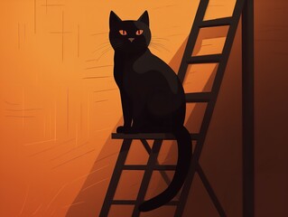 Clipart of a Black Cat Under a Ladder - obrazy, fototapety, plakaty