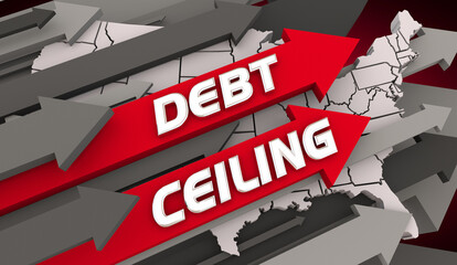 Debt Ceiling Limit United States America USA Map Budget Spending Crisis Arrows 3d Illustration - obrazy, fototapety, plakaty