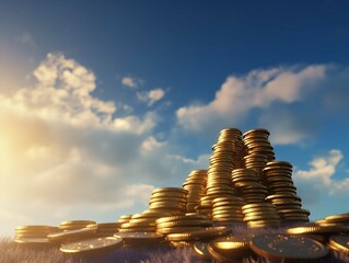 Stack of Coins Against a Backdrop of Sky - obrazy, fototapety, plakaty