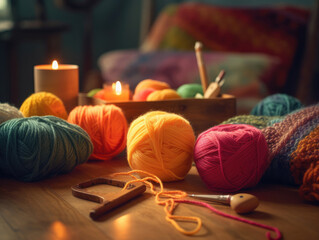 Knitting wool yarn and knitting needles on a wooden table with candles