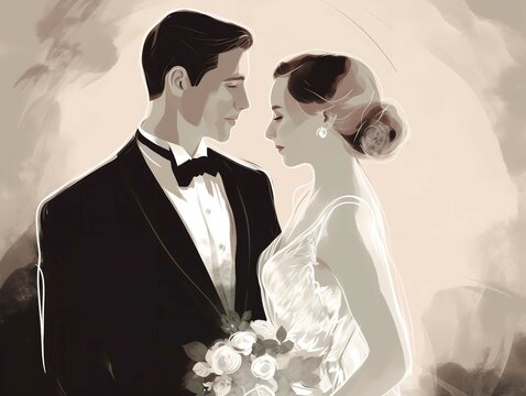 Classic Bride and Groom Portrait Clipart