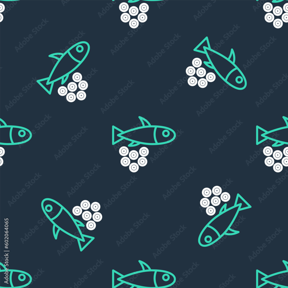Poster line fish with caviar icon isolated seamless pattern on black background. vector