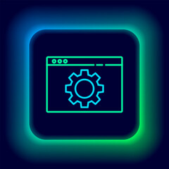 Glowing neon line Browser setting icon isolated on black background. Adjusting, service, maintenance, repair, fixing. Colorful outline concept. Vector