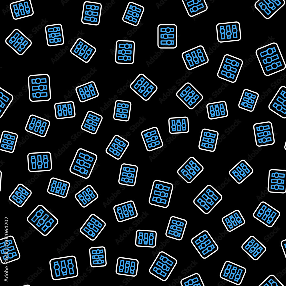 Poster line sound mixer controller icon isolated seamless pattern on black background. dj equipment slider 