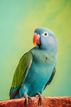 blue indian ringneck parrot, pastel green background, generative ai.