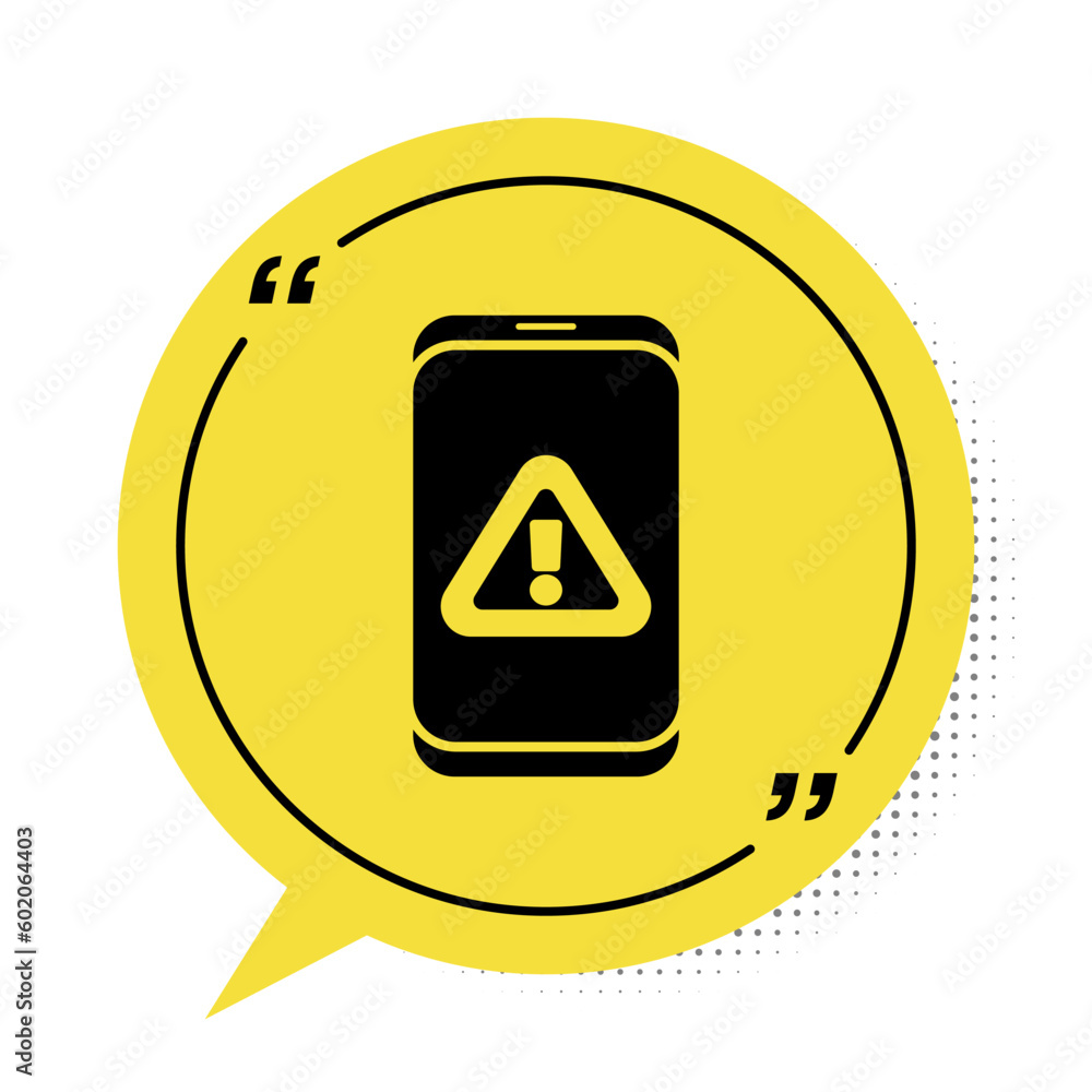 Poster black mobile phone with exclamation mark icon isolated on white background. alert message smartphone