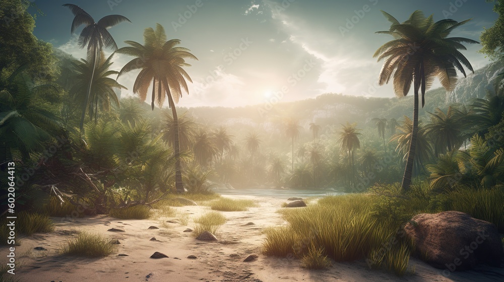 Poster a picture of palm palms in a tropical location as an example generative ai
