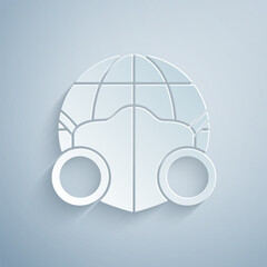 Paper cut Earth globe with medical mask icon isolated on grey background. Paper art style. Vector.