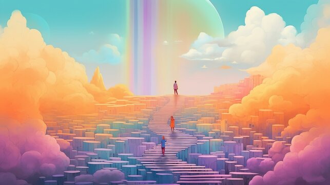 A surreal landscape with a staircase made of rainbows. Fantasy concept , Illustration painting. Generative AI