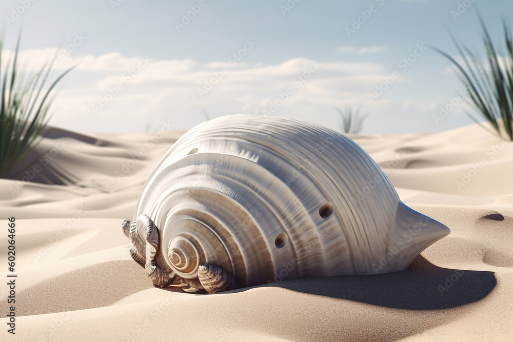 Poster a conch shell resting on the beach on a bright and beautiful day generative ai