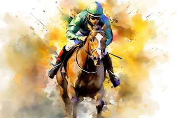 Rolgordijnen Colorful equestrian artwork featuring racing horse and jockey, generative Ai © Ash