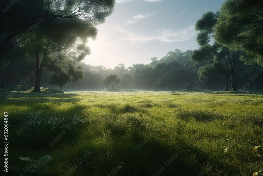 Poster a wooded area in the distance with green fields in the front. generative ai