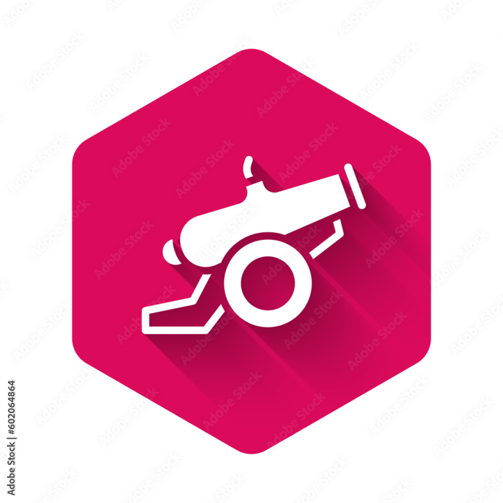 Poster white cannon icon isolated with long shadow background. pink hexagon button. vector