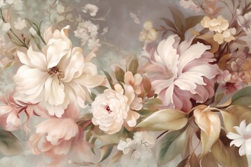 design background rose peony wallpaper seamless leaf watercolor illustration flower delicate. Generative AI.