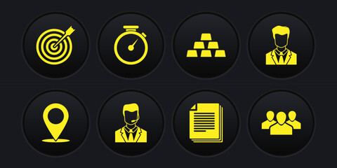 Set Map pin, User of man business suit, Man with headset, Document, Gold bars and Stopwatch icon. Vector - obrazy, fototapety, plakaty