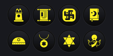 Set Jewish kippah with star of david, Holy book Koran, Star David necklace on chain, Jainism, Decree, paper, parchment, scroll, Jesus Christ and Stage stand tribune icon. Vector