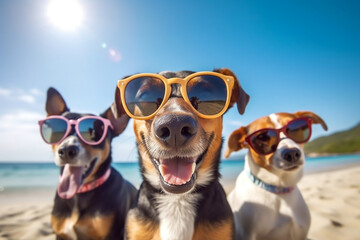 Pawsome dogs in shades capturing selfies on sunny beach, generative Ai