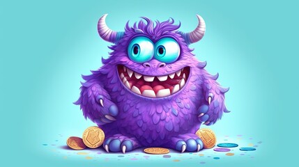 Obraz premium adorable cartoon monster with gold coins. Fantasy concept , Illustration painting. Generative AI