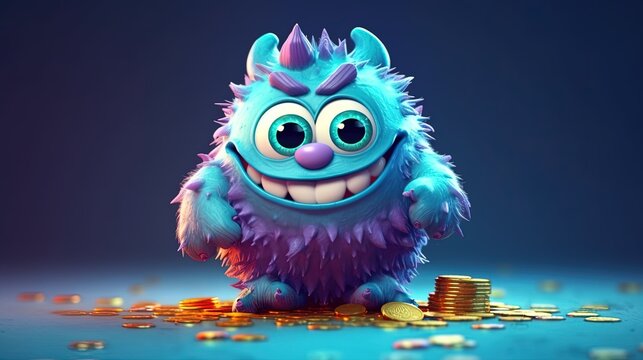 adorable cartoon monster with gold coins. Fantasy concept , Illustration painting. Generative AI