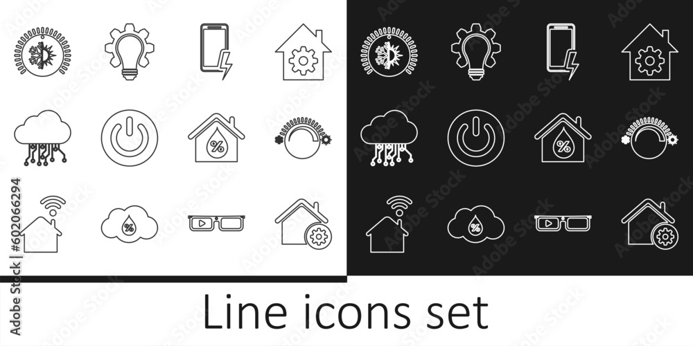 Sticker Set line Smart home settings, Thermostat, Mobile charging battery, Power button, Internet of things, House humidity and Light bulb and gear icon. Vector