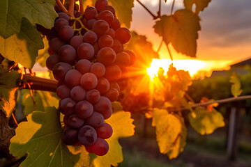 Grape Vines with a sunset, closeup of a grape 