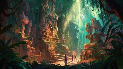 An adventure scene of a group of explorers discovering a lost temple in the jungle. Fantasy concept , Illustration painting. Generative AI