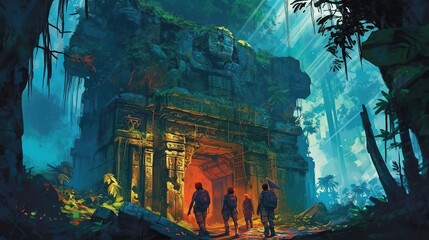 Fototapeta na wymiar An adventure scene of a group of explorers discovering a lost temple in the jungle. Fantasy concept , Illustration painting. Generative AI