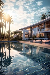 Obraz premium Luxurios Real Estate, 3D Visualization, Holidays, Accommodation, Real Estate, Pool, Palms