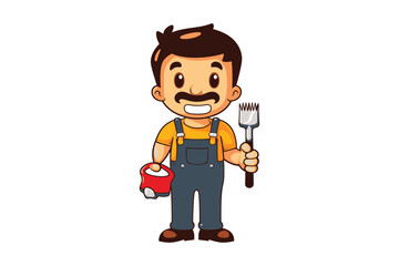 Painter Man yellow shirt in professional Uniform holding paint brush Mascot Logo Vector Sublimation Design