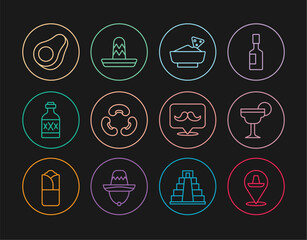 Set line Mexican sombrero, Margarita cocktail, Nachos in bowl, Beans, Tequila bottle, Avocado fruit, Mustache and icon. Vector