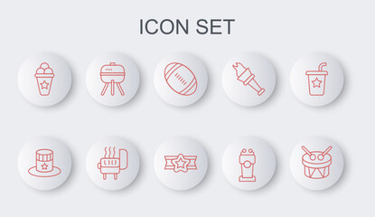 Set line Drum and drum sticks, Patriotic American top hat, Football ball, Stage stand or tribune, Ice cream in waffle cone, Barbecue grill, and Star military icon. Vector