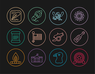 Set line Medal with star, Champagne bottle, Eagle, American flag, Declaration of independence, Cannon and Firework icon. Vector