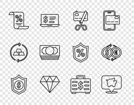 Set line Shield with dollar, Piggy bank, Scissors cutting credit card, Diamond, Finance document, Stacks paper money cash, Briefcase and and Money exchange icon. Vector