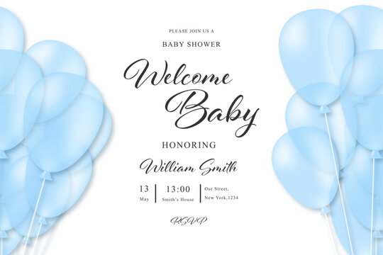 Baby Boy Shower Card Invitation, Vector Illustration With Blue Balloons