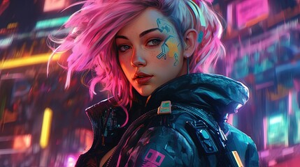 Naklejka premium Cyberpunk girl. Fantasy concept , Illustration painting. Generative AI