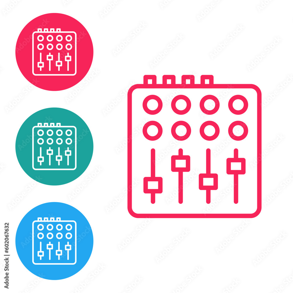 Poster red line sound mixer controller icon isolated on white background. dj equipment slider buttons. mixi