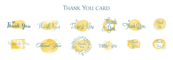 Thank You handwritten illustrations, vector Thank You calligraphy sign on watercolour slash clip art set, Thank you calligraphy for greeting cards, stickers, banners, prints and home interior decor, 