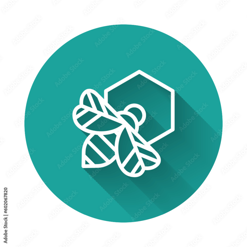 Poster white line bee and honeycomb icon isolated with long shadow background. honey cells. honeybee or api