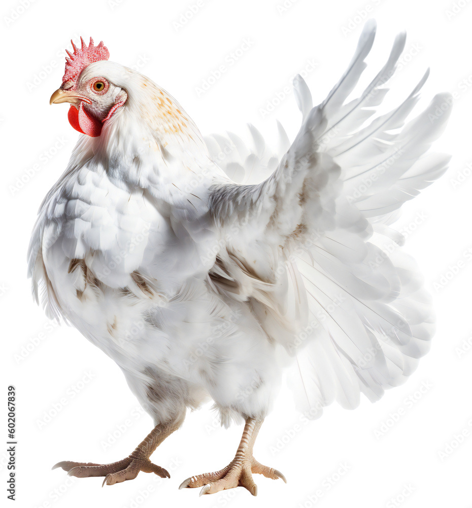 Wall mural a rustic, white chicken dynamically flaps its wings. isolated on transparent background. ki.