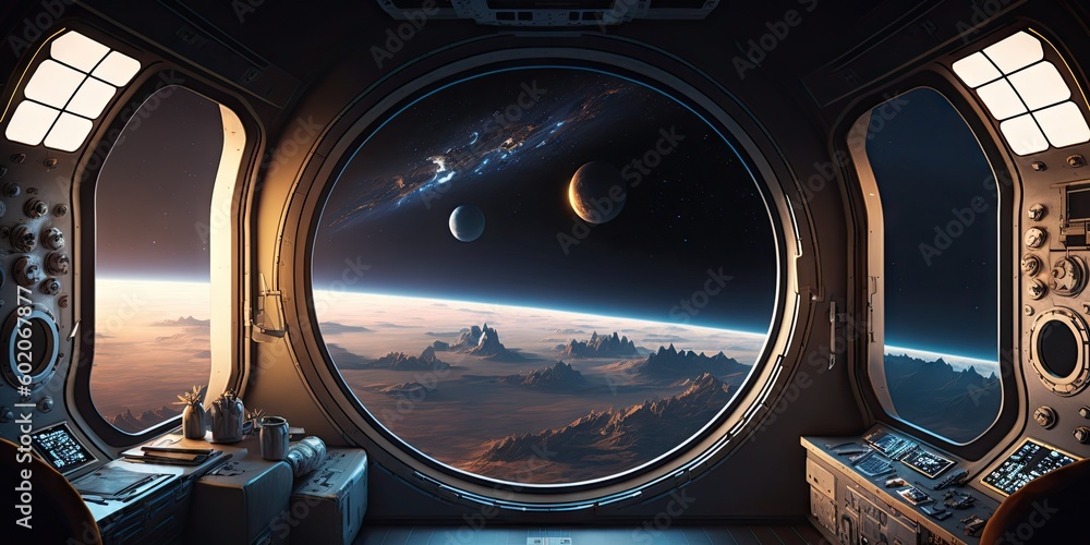Aufkleber spaceship dark interior with view on distant planets solar system. generative ai aig15.
