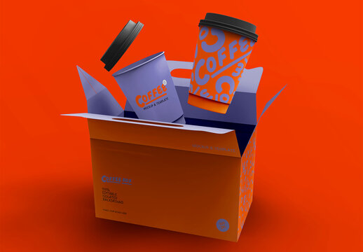 3d Box with Paper Coffee Cups Mockup