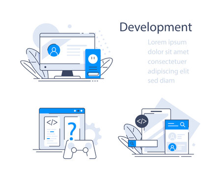 Web development, optimization, user experience, user interface in e-commerce. Website layout elements, photo, video, program code, search bar