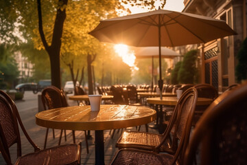 Outdoor seating at a café or restaurant with umbrella on sunny morning, generative Ai