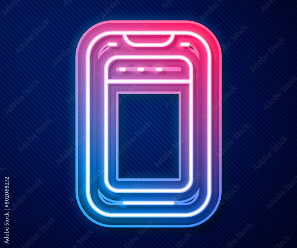 Wall mural Glowing neon line Smartphone, mobile phone icon isolated on blue background. Vector