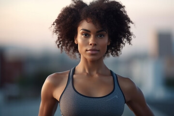 Fototapeta na wymiar Portrait Afro-American sporty woman training outdoors. Generative AI